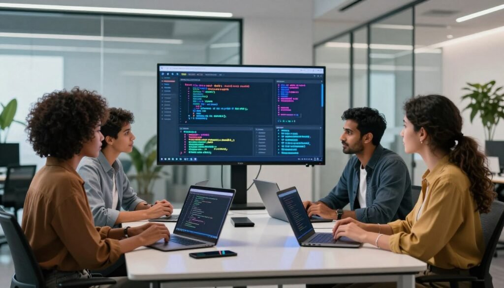 A modern workspace focused on evaluating versatile AI tools for code generation. In the foreground, a diverse group of three professionals—a Black woman, a South Asian man, and a Hispanic woman—are engaged in a discussion, seated around a sleek, futuristic table with laptops open, displaying lines of code. In the middle ground, a large digital screen shows a colorful interface of AI tools, with graphs and code snippets glowing. The background features a high-tech, minimalist office setting with glass walls, greenery for a refreshing touch, and soft, natural lighting filtering through large windows. The atmosphere is collaborative and innovative, reflecting a sense of focus and creativity. Use a wide-angle lens effect to capture the entire scene, emphasizing the professional mood.
