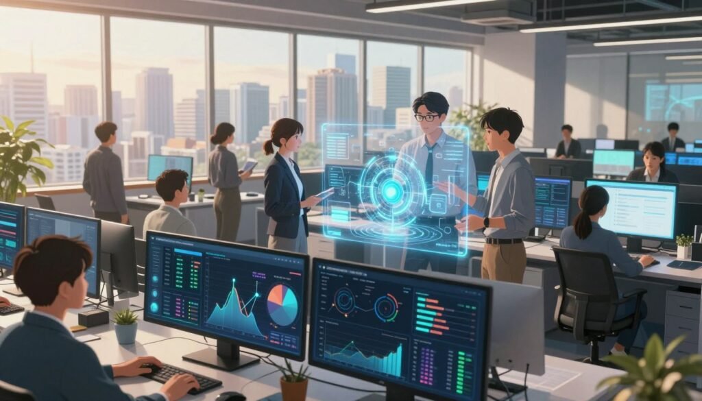 A modern workspace showcasing AI orchestration tools for operational efficiency. In the foreground, a sleek digital dashboard displaying interconnected graphs and real-time data analytics. The middle layer features business professionals in smart casual attire, collaborating around a futuristic holographic interface, emphasizing teamwork in automation. In the background, a city skyline through large windows, bathed in warm, natural light, symbolizing growth and opportunity. Utilize a wide-angle lens to capture the expansive environment and create a dynamic perspective. The atmosphere should convey innovation and optimism, with soft lighting to enhance the tech-driven vibe and a sense of professionalism throughout the scene.