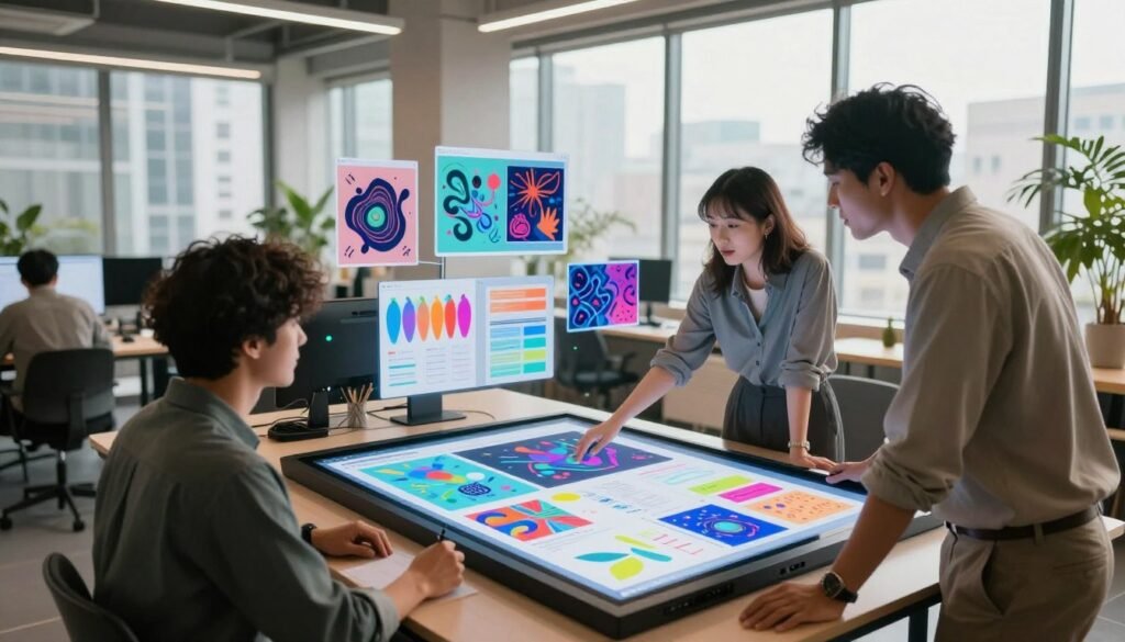 A vibrant, modern creative workspace filled with various digital tools and devices. In the foreground, a diverse group of three professionals, dressed in smart casual attire, actively collaborating around a large touchscreen table displaying generative AI designs and colorful project boards. In the middle, an array of holographic images showcasing abstract designs and patterns floats above the table, symbolizing the transformative power of generative AI in design. The background features large windows allowing natural light to flood the room, highlighting a cityscape. The atmosphere is dynamic and inspiring, with warm lighting to create an inviting mood, captured with a slightly tilted angle to emphasize engagement and creativity. A vibrant, modern creative workspace filled with various digital tools and devices. In the foreground, a diverse group of three professionals, dressed in smart casual attire, actively collaborating around a large touchscreen table displaying generative AI designs and colorful project boards. In the middle, an array of holographic images showcasing abstract designs and patterns floats above the table, symbolizing the transformative power of generative AI in design. The background features large windows allowing natural light to flood the room, highlighting a cityscape. The atmosphere is dynamic and inspiring, with warm lighting to create an inviting mood, captured with a slightly tilted angle to emphasize engagement and creativity.