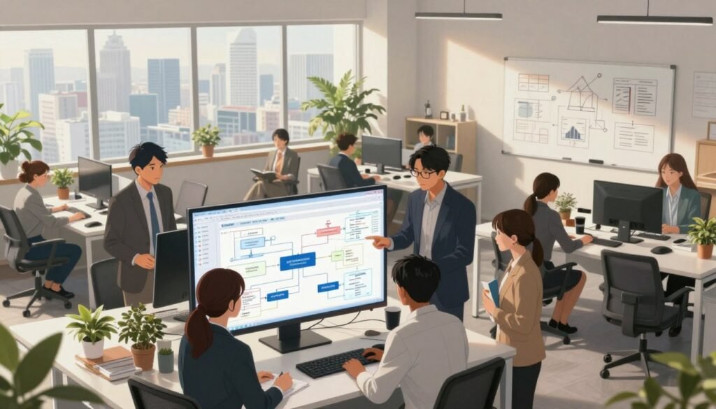 A vibrant office environment demonstrating optimization of business processes and workflow efficiency. In the foreground, a diverse group of professionals in smart business attire collaborate over a large digital screen displaying flowcharts and data analytics. In the middle ground, a modern workspace features sleek desks with digital devices, plants, and a whiteboard filled with diagrams. In the background, large windows reveal a city skyline, allowing natural light to flood the room. The atmosphere is dynamic and focused, reflecting innovation and teamwork, with a muted color palette emphasizing professionalism. Use soft, natural lighting to create a warm, inviting space, shot from a slightly elevated angle to capture the collaborative energy.