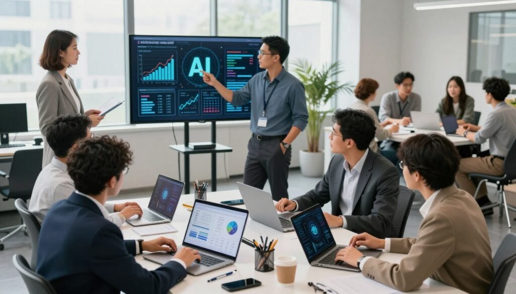 A visually engaging office environment featuring three distinct clusters of professionals, each representing a practical AI use case. In the foreground, a diverse team of individuals in professional business attire collaborates around a table, analyzing data and discussing AI integration in healthcare. In the middle ground, another group is enthusiastically presenting a project involving AI in finance, illustrated by charts on digital screens. In the background, a cozy corner showcases a casual brainstorming session about AI applications in education. Bright natural lighting floods the space, highlighting the high-tech gadgets and software tools on display. The atmosphere is one of innovation and productivity, capturing the essence of selecting the right AI model for diverse needs in a modern workplace. A visually engaging office environment featuring three distinct clusters of professionals, each representing a practical AI use case. In the foreground, a diverse team of individuals in professional business attire collaborates around a table, analyzing data and discussing AI integration in healthcare. In the middle ground, another group is enthusiastically presenting a project involving AI in finance, illustrated by charts on digital screens. In the background, a cozy corner showcases a casual brainstorming session about AI applications in education. Bright natural lighting floods the space, highlighting the high-tech gadgets and software tools on display. The atmosphere is one of innovation and productivity, capturing the essence of selecting the right AI model for diverse needs in a modern workplace.