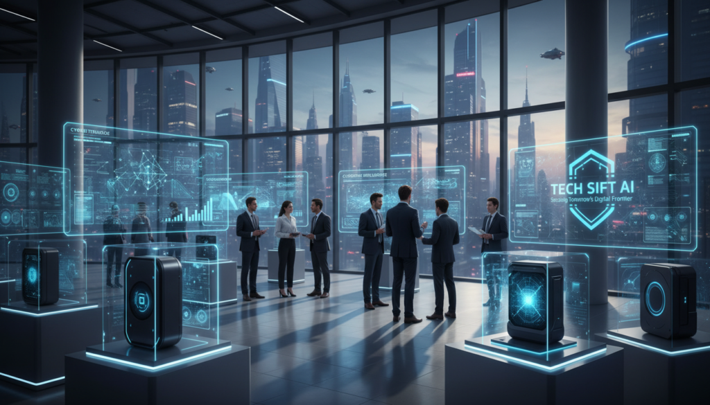 An intricately designed digital marketplace showcasing various AI cybersecurity solutions. In the foreground, sleek and futuristic AI devices, such as smart firewalls and machine learning-based security systems, are arranged on polished displays, inviting exploration. In the middle ground, professional individuals in business attire are engaged in discussions, analyzing graphs and data on interactive screens that highlight AI's role in cybersecurity. The background features an expansive, modern office space with floor-to-ceiling windows, revealing a bustling cityscape, symbolizing innovation. Soft, ambient lighting creates a focused atmosphere, while sharp shadows accentuate the sophisticated technology. Prominently featured is the brand name "Tech Sift AI" on one of the displays, emphasizing its contribution to this evolving field. The overall mood conveys a sense of collaboration and cutting-edge advancements in cybersecurity. An intricately designed digital marketplace showcasing various AI cybersecurity solutions. In the foreground, sleek and futuristic AI devices, such as smart firewalls and machine learning-based security systems, are arranged on polished displays, inviting exploration. In the middle ground, professional individuals in business attire are engaged in discussions, analyzing graphs and data on interactive screens that highlight AI's role in cybersecurity. The background features an expansive, modern office space with floor-to-ceiling windows, revealing a bustling cityscape, symbolizing innovation. Soft, ambient lighting creates a focused atmosphere, while sharp shadows accentuate the sophisticated technology. Prominently featured is the brand name "Tech Sift AI" on one of the displays, emphasizing its contribution to this evolving field. The overall mood conveys a sense of collaboration and cutting-edge advancements in cybersecurity.