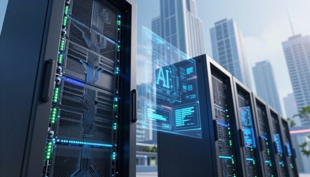 In the foreground, showcase an advanced server rack illuminated with ambient blue and green LED lights, highlighting the intricate circuitry and components. In the middle, depict a futuristic data center with sleek lines and transparent screens displaying dynamic AI algorithms and data visualizations. The background should feature a city skyline with modern architecture, hinting at a high-tech future. Employ a low angle to emphasize the height of the server racks and city buildings while capturing the ethereal glow of holographic projections that symbolize evolving AI compute technology. The overall atmosphere should convey innovation, efficiency, and a sense of transition into the future, bathed in a bright, optimistic light. In the foreground, showcase an advanced server rack illuminated with ambient blue and green LED lights, highlighting the intricate circuitry and components. In the middle, depict a futuristic data center with sleek lines and transparent screens displaying dynamic AI algorithms and data visualizations. The background should feature a city skyline with modern architecture, hinting at a high-tech future. Employ a low angle to emphasize the height of the server racks and city buildings while capturing the ethereal glow of holographic projections that symbolize evolving AI compute technology. The overall atmosphere should convey innovation, efficiency, and a sense of transition into the future, bathed in a bright, optimistic light.